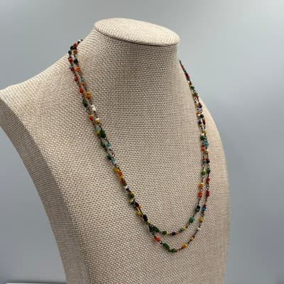 Vintage Double Strand Multicolor Seed Bead Necklace Layered Boho Beaded Chain - Thumbnail 4
