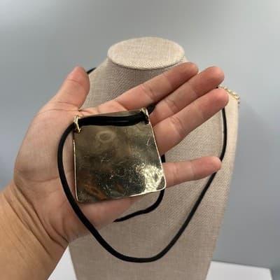 Vintage Chico's Gold Tone Square Pendant Necklace Black Cord Modern Statement - Thumbnail 5