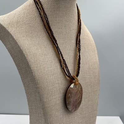 Vintage Multi Strand Bead Necklace Large Abalone Style Shell Pendant Brown Amber - Thumbnail 6