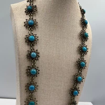 Vintage Turquoise Color Cabochon Statement Necklace Style Ornate Link Bohemian - Thumbnail 5