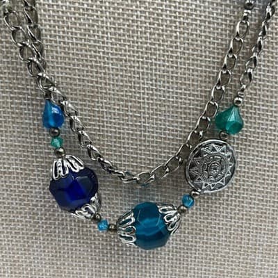 Vintage Blue Teal Beaded Multi Strand Necklace Silver Tone Chain Boho Statement - Thumbnail 3
