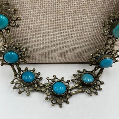 Vintage Turquoise Color Cabochon Statement Necklace Style Ornate Link Bohemian - Thumbnail 3