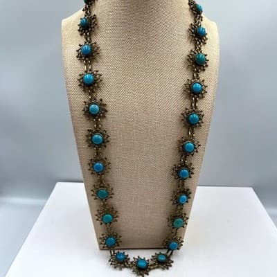 Vintage Turquoise Color Cabochon Statement Necklace Style Ornate Link Bohemian - Image 1