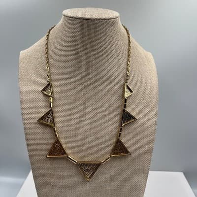 VTG Cream Leather Inlay Triangle Charm Necklace Gold Tone Chain Statement Bib - Thumbnail 6