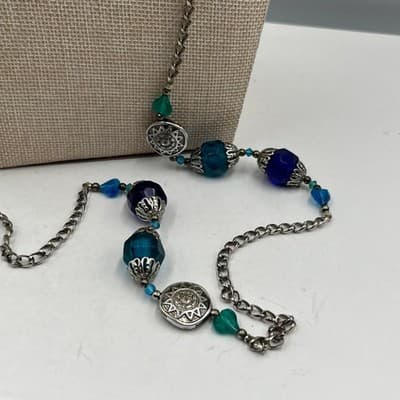 Vintage Blue Teal Beaded Multi Strand Necklace Silver Tone Chain Boho Statement - Thumbnail 5