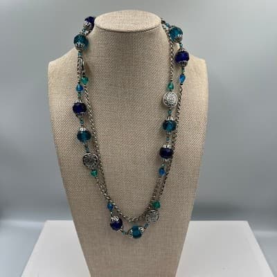 Vintage Blue Teal Beaded Multi Strand Necklace Silver Tone Chain Boho Statement - Image 1