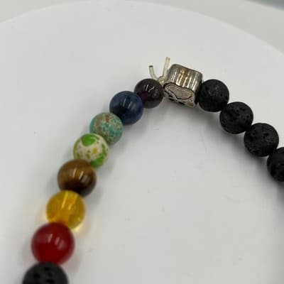 Vintage Lava Stone & Multicolor Gemstone Beaded Stretch Bracelet With Paw Charm - Thumbnail 4