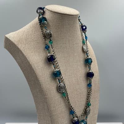 Vintage Blue Teal Beaded Multi Strand Necklace Silver Tone Chain Boho Statement - Thumbnail 4