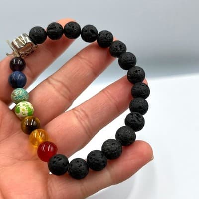 Vintage Lava Stone & Multicolor Gemstone Beaded Stretch Bracelet With Paw Charm - Image 1