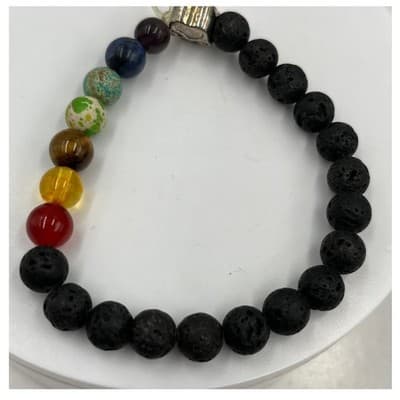Vintage Lava Stone & Multicolor Gemstone Beaded Stretch Bracelet With Paw Charm - Thumbnail 3