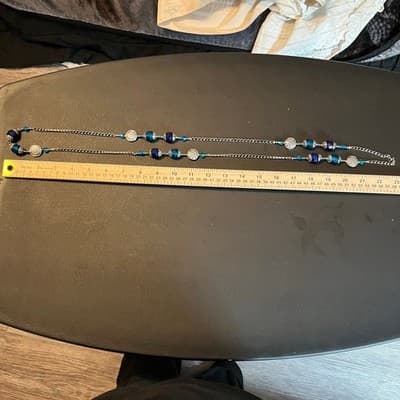 Vintage Blue Teal Beaded Multi Strand Necklace Silver Tone Chain Boho Statement - Thumbnail 7