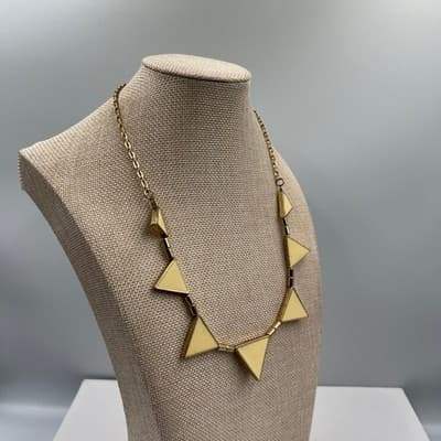 VTG Cream Leather Inlay Triangle Charm Necklace Gold Tone Chain Statement Bib - Thumbnail 5