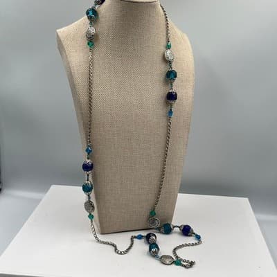 Vintage Blue Teal Beaded Multi Strand Necklace Silver Tone Chain Boho Statement - Thumbnail 6