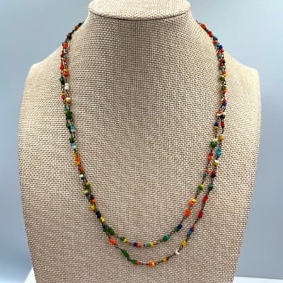 Vintage Double Strand Multicolor Seed Bead Necklace Layered Boho Beaded Chain - Image 1