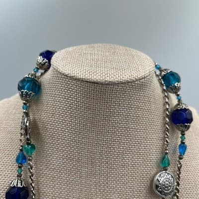 Vintage Blue Teal Beaded Multi Strand Necklace Silver Tone Chain Boho Statement - Thumbnail 2