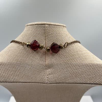 Vintage Style Red Faceted Glass Bead Necklace Gold Tone Chain Minimalist Dainty - Thumbnail 6