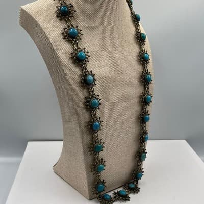 Vintage Turquoise Color Cabochon Statement Necklace Style Ornate Link Bohemian - Thumbnail 6