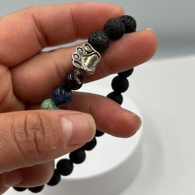 Vintage Lava Stone & Multicolor Gemstone Beaded Stretch Bracelet With Paw Charm - Thumbnail 5