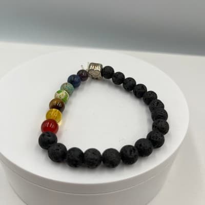 Vintage Lava Stone & Multicolor Gemstone Beaded Stretch Bracelet With Paw Charm - Thumbnail 2