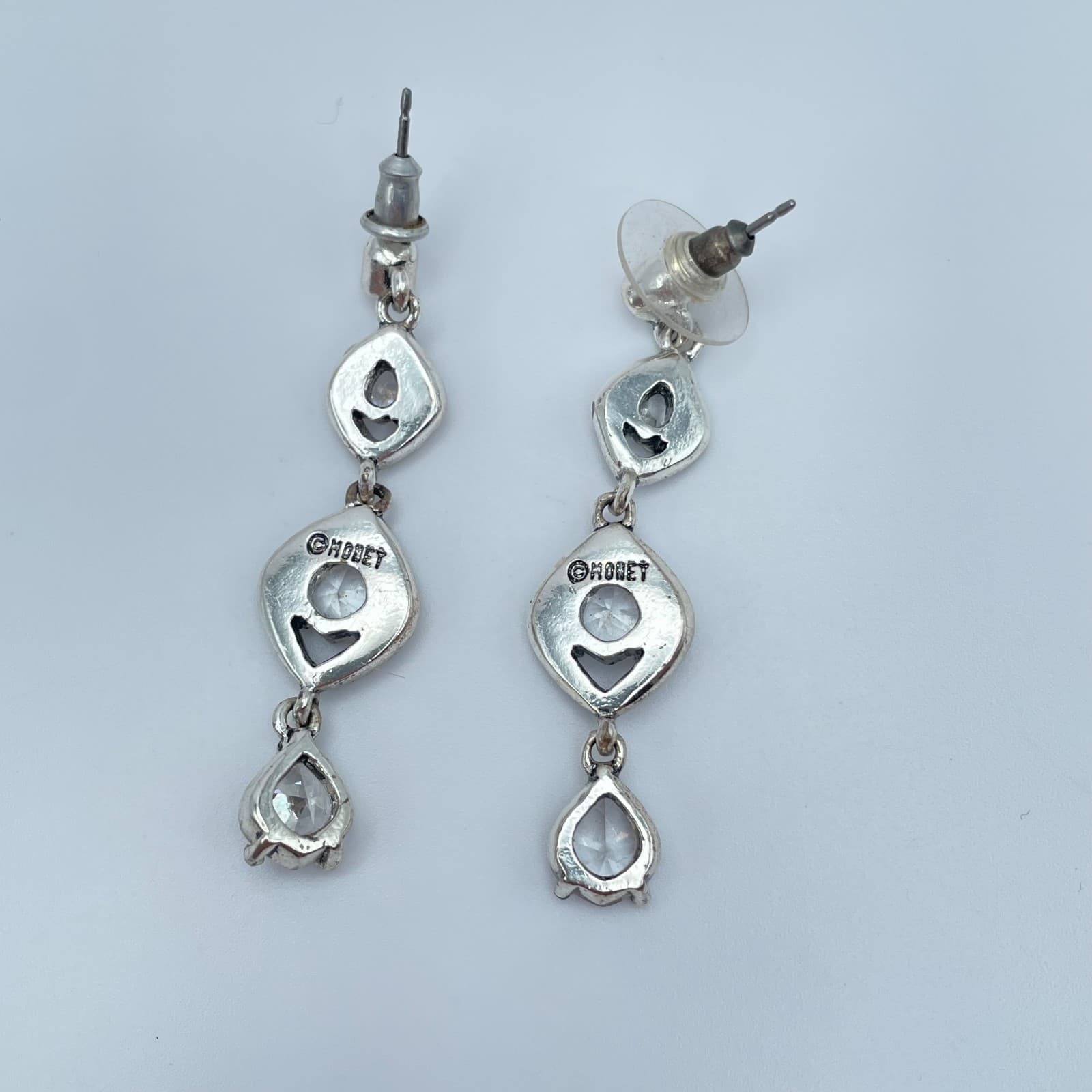Vintage Y2K Monet Clear Rhinestone Silver Tone Dangle Earrings Women's Jewelry - Thumbnail 4