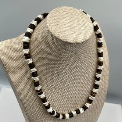 Vintage Brown White Coconut Shell Bead Necklace Natural Surfer Beach Style 20" - Thumbnail 5