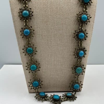 Vintage Turquoise Color Cabochon Statement Necklace Style Ornate Link Bohemian - Thumbnail 4