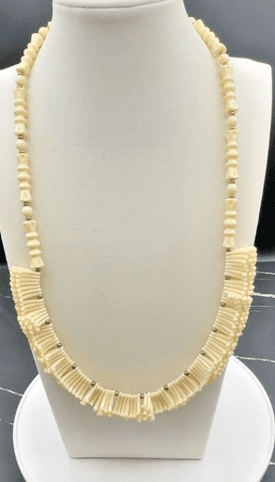 Vintage Bone Colored Tassel Fringe Bib Necklace Matinee Beach Boho 24 in - Image 1