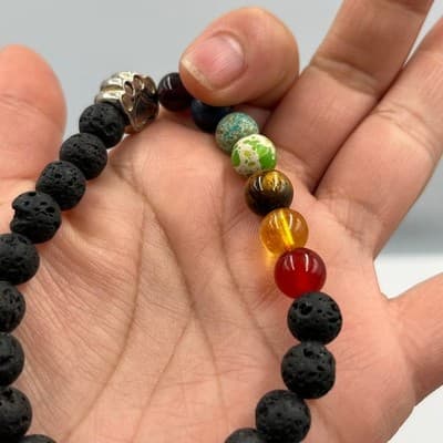 Vintage Lava Stone & Multicolor Gemstone Beaded Stretch Bracelet With Paw Charm - Thumbnail 7