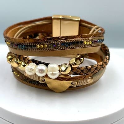 Vintage Multi-Strand Brown Leather Wrap Bracelet w/ Pearl Rhinestone Heart Charm - Image 1