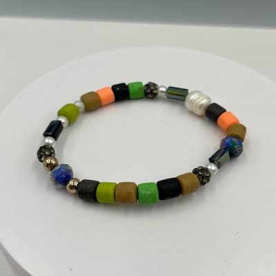 Vintage Multicolor Mixed Bead Bracelet w/ Freshwater Pearl & Rhinestone Accents - Thumbnail 2