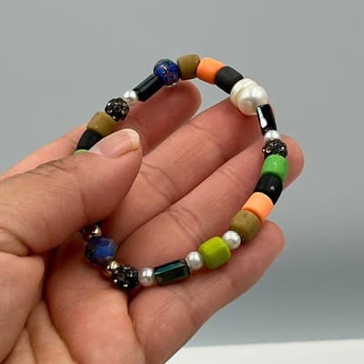 Vintage Multicolor Mixed Bead Bracelet w/ Freshwater Pearl & Rhinestone Accents - Thumbnail 5