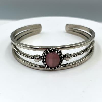 Bracelet Cuff Vintage Silver Tone Pink Faux Stone Triple Band Southwestern Style - Image 1