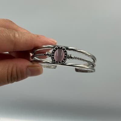 Bracelet Cuff Vintage Silver Tone Pink Faux Stone Triple Band Southwestern Style - Thumbnail 5