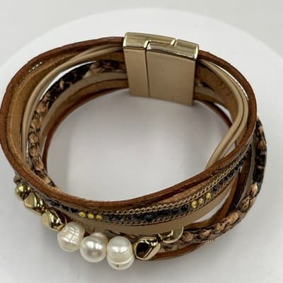 Vintage Multi-Strand Brown Leather Wrap Bracelet w/ Pearl Rhinestone Heart Charm - Thumbnail 2