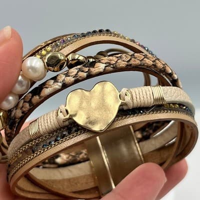 Vintage Multi-Strand Brown Leather Wrap Bracelet w/ Pearl Rhinestone Heart Charm - Thumbnail 5