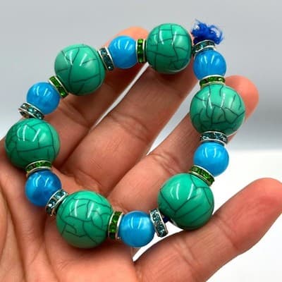 Vintage Green Turquoise Style & Blue Beaded Bracelet Rhinestone Spacer Accents - Image 1