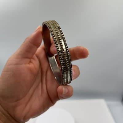 Vintage Silver Tone Multi Row Beaded Bangle Bracelet Mixed Metal Textured Retro - Thumbnail 7