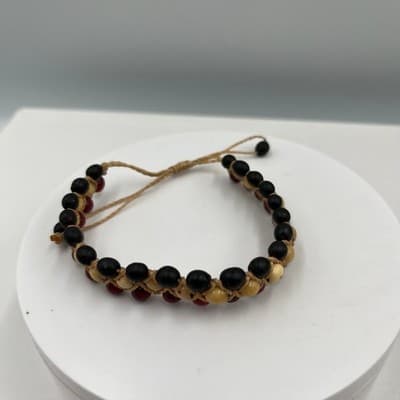 Bracelet Beaded Boho Triple Row Black Burgundy Cream Adjustable Cord Handcrafted - Thumbnail 2