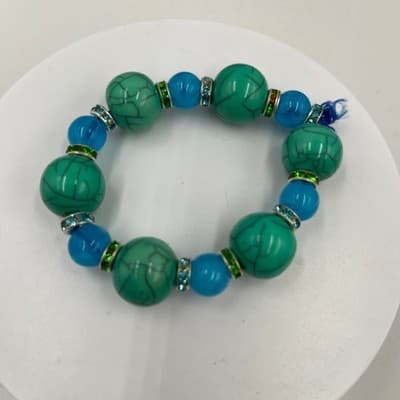 Vintage Green Turquoise Style & Blue Beaded Bracelet Rhinestone Spacer Accents - Thumbnail 3