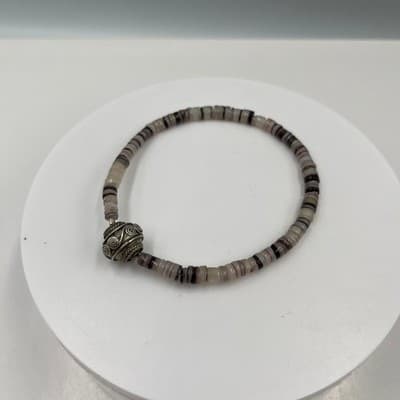 VTG Neutral Banded Stone Heishi Beaded Bracelet w/ Ornate Silver-Tone Focal Bead - Thumbnail 2