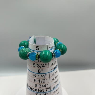 Vintage Green Turquoise Style & Blue Beaded Bracelet Rhinestone Spacer Accents - Thumbnail 6