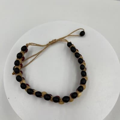 Bracelet Beaded Boho Triple Row Black Burgundy Cream Adjustable Cord Handcrafted - Thumbnail 3