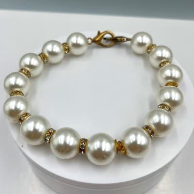 Vintage Faux Pearl Beaded Bracelet Gold Tone Rhinestone Spacers Classic Stretch - Image 1