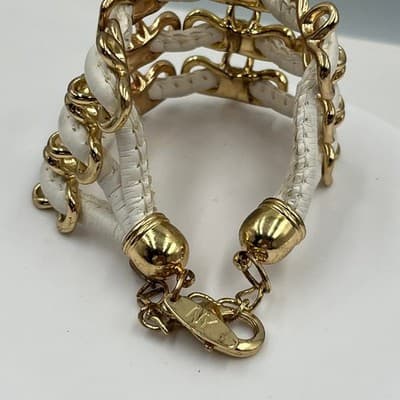 Vintage New York Gold Tone White Faux Leather Multi Row Cuff Bracelet Statement - Thumbnail 3