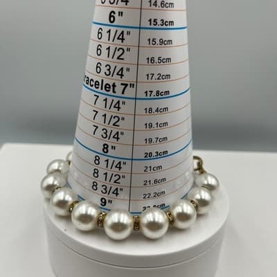 Vintage Faux Pearl Beaded Bracelet Gold Tone Rhinestone Spacers Classic Stretch - Thumbnail 6