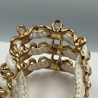 Vintage New York Gold Tone White Faux Leather Multi Row Cuff Bracelet Statement - Thumbnail 4