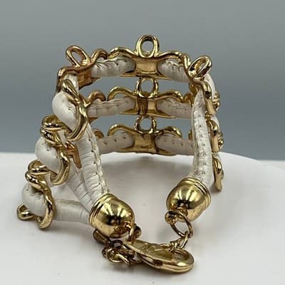 Vintage New York Gold Tone White Faux Leather Multi Row Cuff Bracelet Statement - Thumbnail 5