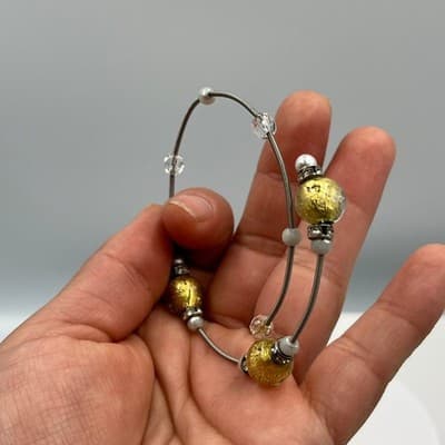 Vintage Adjustable Wire Bangle Bracelet Gold Foil Glass Beads Rhinestone Accents - Thumbnail 7