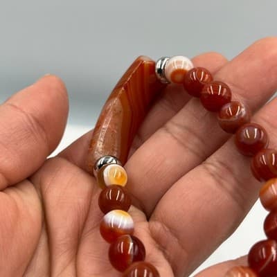 Vintage Orange Banded Agate Style Beaded Bracelet Curved Bar Accent Stretch - Thumbnail 4