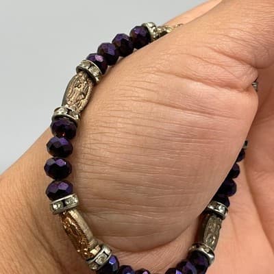 Vintage Purple Faceted Bead Bracelet Religious Medal Charm Rhinestone Spacer - Thumbnail 5